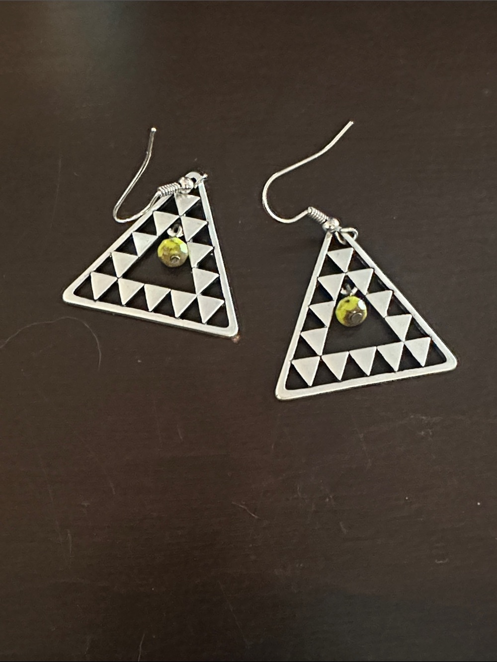 Silver Triangle Drop Earrings with Green Accent